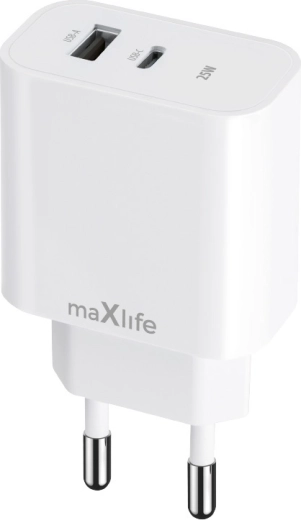 Chargeur secteur Maxlife 25 W avec USB‑C et USB, blanc