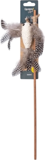 Quapas! canne à pêche naturelle pour chats avec petit oiseau blanc et plumes