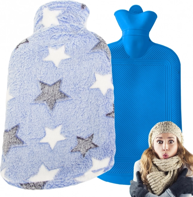Bouillotte 2 l avec housse en peluche à motif étoiles, bleu