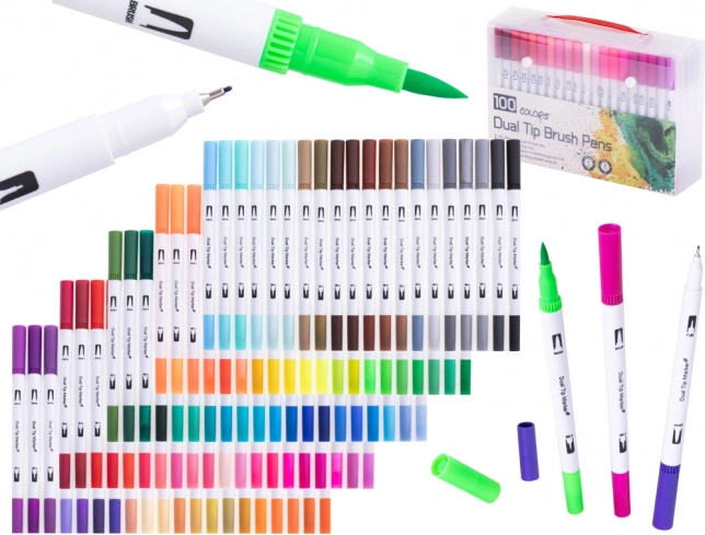 Feutres bicolores et liners fins en valisette, 100 couleurs