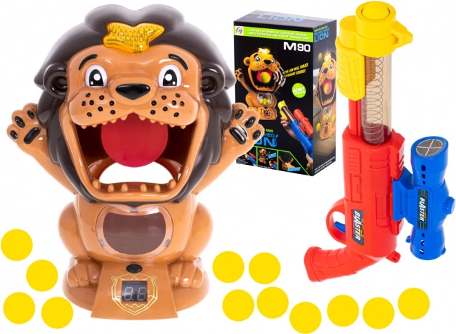Lion affamé – tir sur cible avec pistolet et balles en mousse