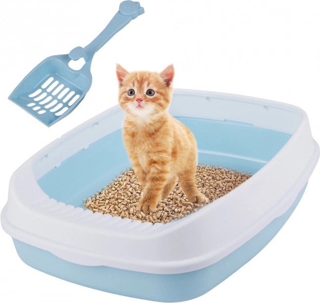 Litière pour chat ouverte avec cadre et pelle, grande, bleue