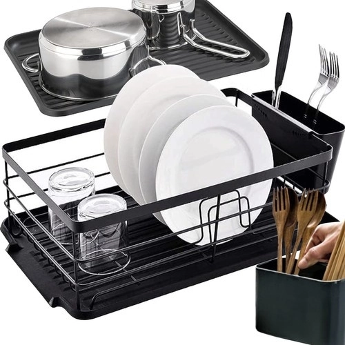 Égouttoir à vaisselle Ruhhy sur pied, noir, design loft, avec plateau d’écoulement