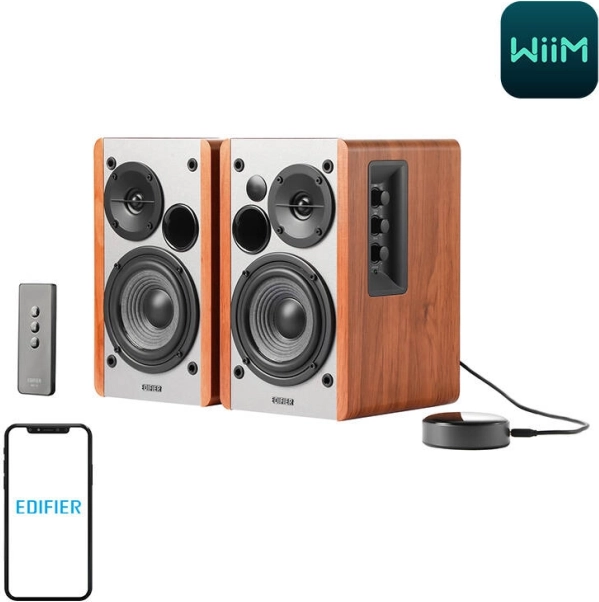 Haut-parleurs Edifier R1280T avec WiiM Mini en couleur marron