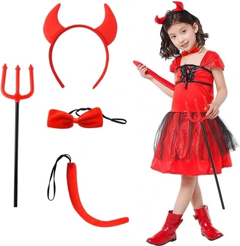 Costume diablesse 4-en-1 avec fourche, cornes, nœud papillon et queue
