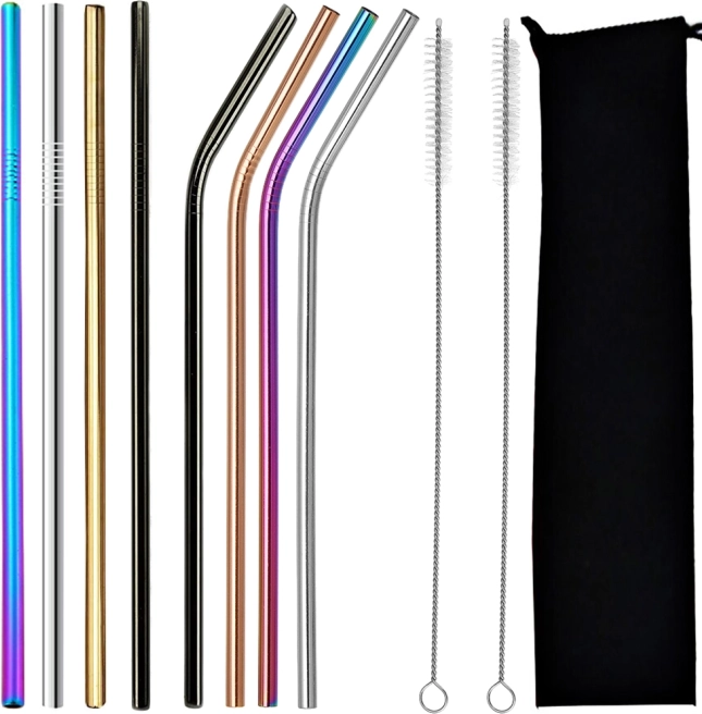 Ensemble de pailles métalliques réutilisables avec brosses de nettoyage