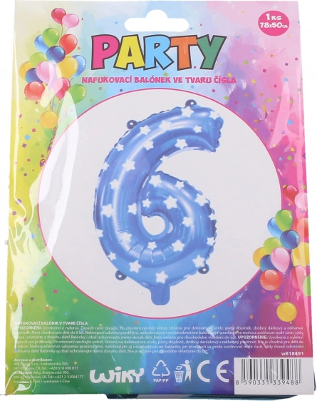Ballon gonflable bleu en forme de chiffre 6 avec des étoiles 78 × 50 cm