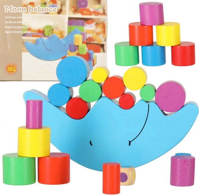 Jeu d’équilibre Montessori en bois – croissant de lune avec 18 cylindres colorés