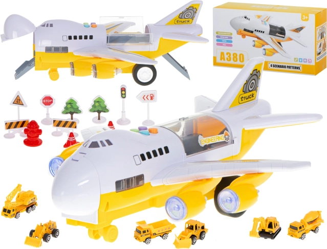 Avion de transport avec mini véhicules de chantier, fuselage ouvrant et effets lumineux