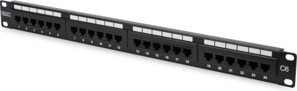 Panneau de brassage 19" 24 ports, catégorie 6, U/UTP, 1U avec support de câbles, noir