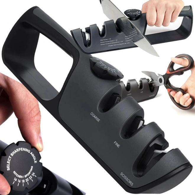 Aiguiseur pour couteaux à angle réglable 14–24°, 3 étapes, pour couteaux et ciseaux