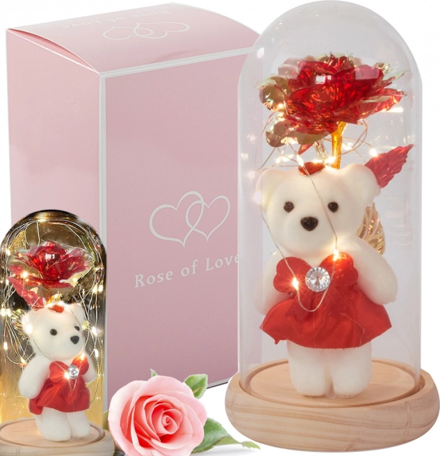 Rose éternelle avec ourson dans une boîte en verre
