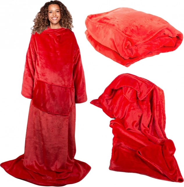 Deka avec manches polaire chaude robe de chambre néon – Červená