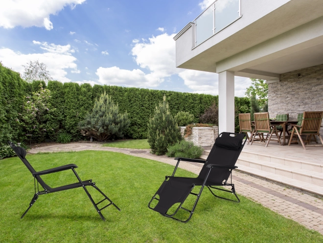 Chaise longue de jardin avec appui-tête, structure pliante, noire, MultiGarden