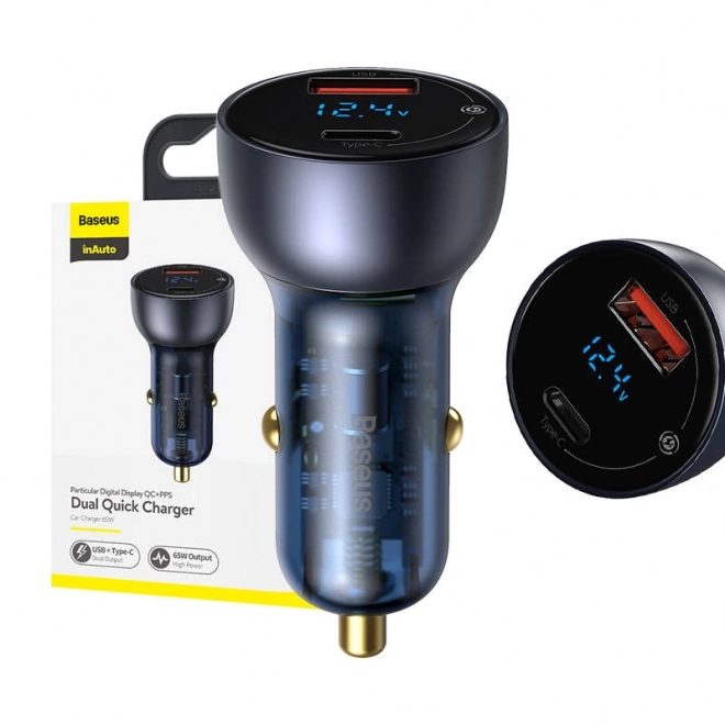 Chargeur de voiture double Baseus avec écran numérique, USB et USB-C, charge rapide 65W