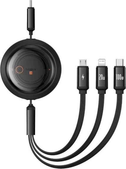 Câble de charge rétractable 3‑en‑1 BASEUS Free2Draw USB‑C/Lightning/Micro 100 W, 1,1 m, noir