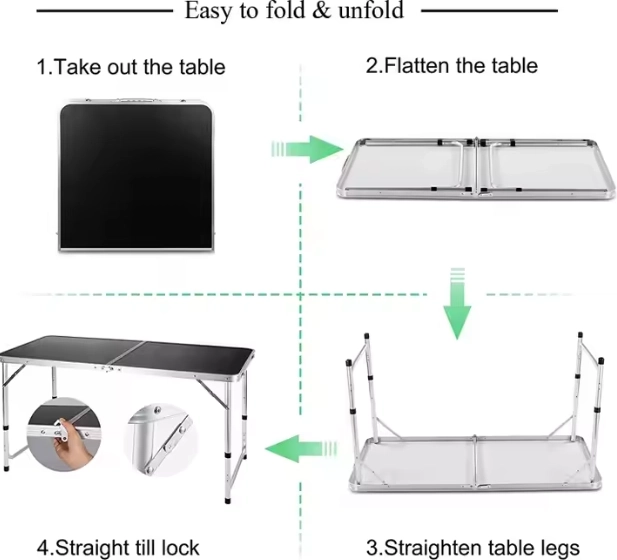 Table de camping pliable avec hauteur réglable 120x60 cm noir