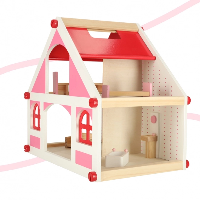 Maison de poupée en bois rose Montessori avec meubles et accessoires