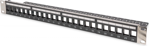 Panneau de brassage modulaire 19" avec 24 ports pour modules keystone, 1U, blindé, avec gestion des câbles
