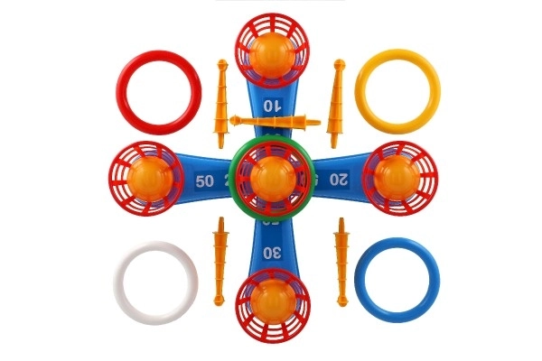 Jeu de lancer en plastique croix avec anneaux + paniers avec balles dans un filet