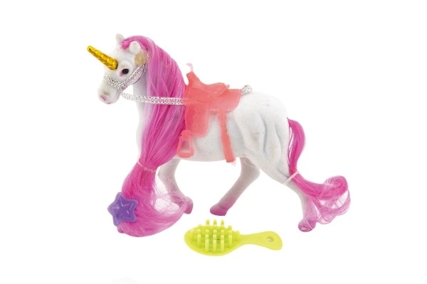 Licorne/cheval peluche 15cm brossable avec selle et accessoires 2 couleurs sur carte
