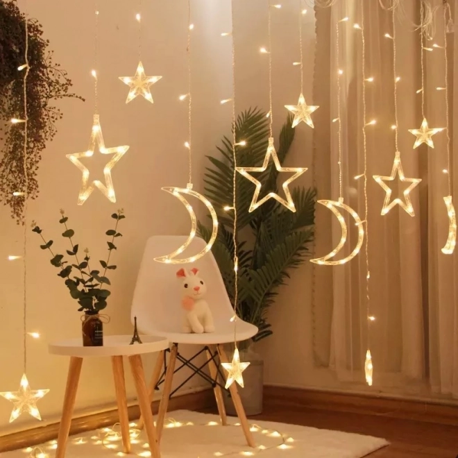 Rideau LED blanc chaud avec étoiles et lunes - 2,5 m, 138 LED