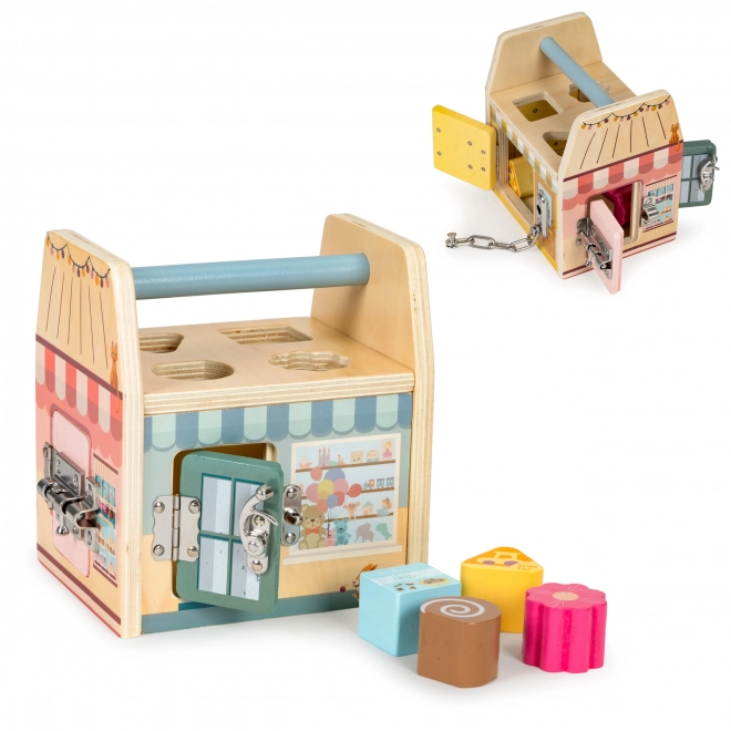 Cube en bois éducatif, trieur de cubes, quatre verrous, poignée