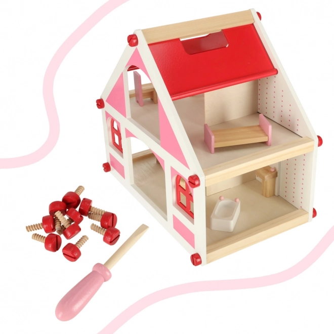 Maison de poupée en bois rose Montessori avec meubles et accessoires