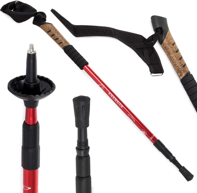 Bâton de marche nordique Korková avec système anti‑choc, rouge