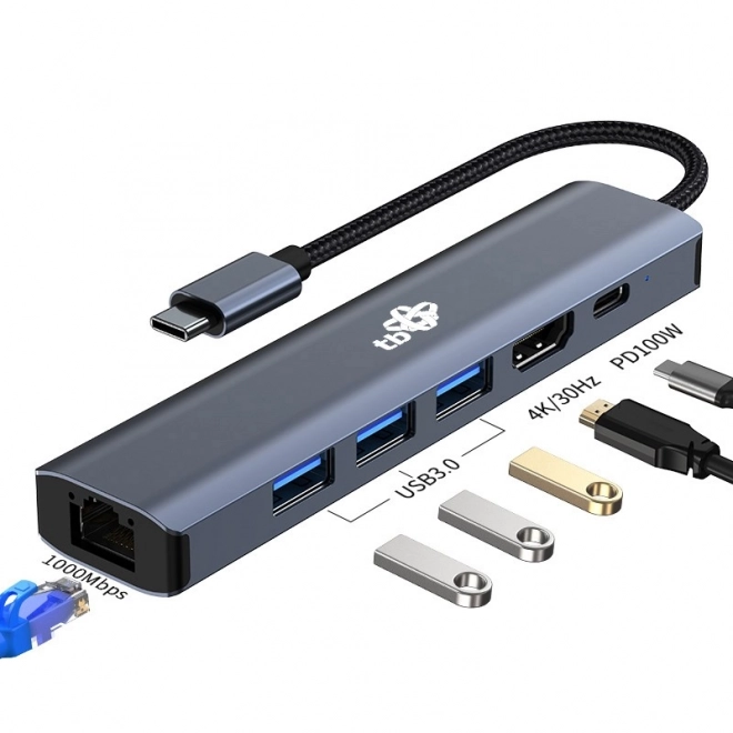 HUB adaptateur USB-C 6v1 - HDMI, 3x USB, PD, RJ-45