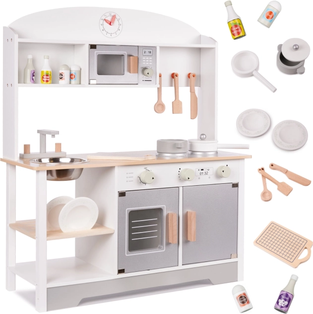Cuisine pour enfants en bois MDF avec égouttoir à vaisselle, grise, 82 cm