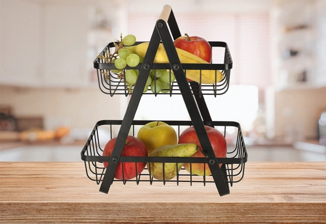 Panier à fruits en métal et bois à deux niveaux