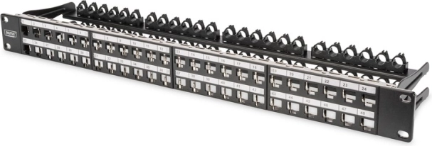 Panneau de brassage modulaire Digitus haute densité, 19" 48x Keystone, blindé, 1U, noir