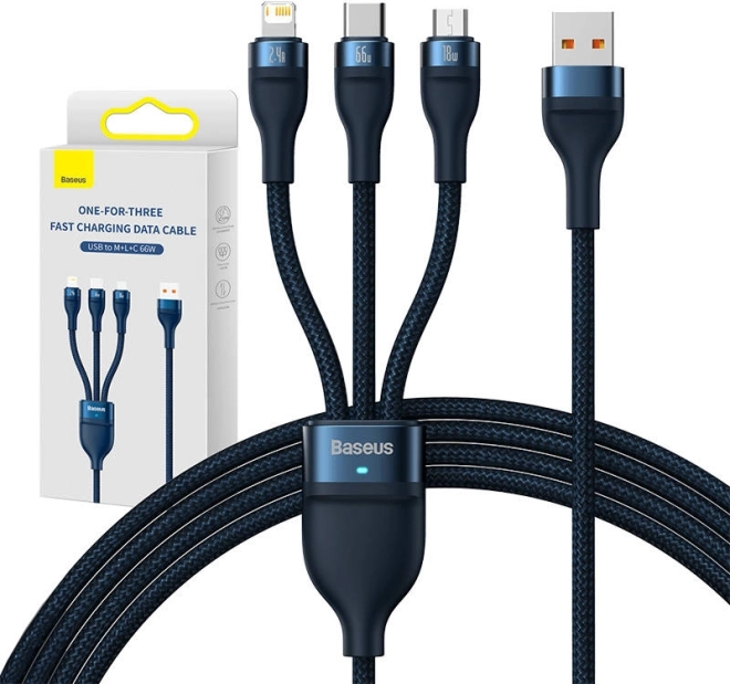 Câble Baseus de charge rapide 3‑en‑1, USB‑C + Micro USB + Lightning 66 W, 1,2 m