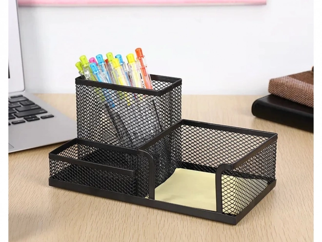 Organisateur de bureau en maille noire avec 3 compartiments