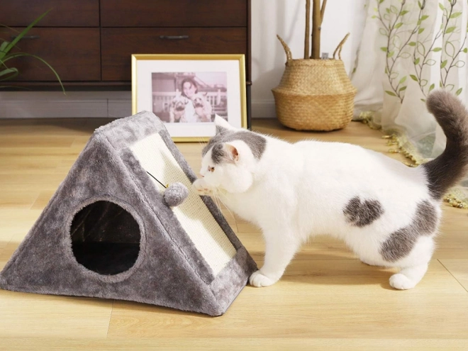 Griffoir triangulaire et maison pour chats avec balle