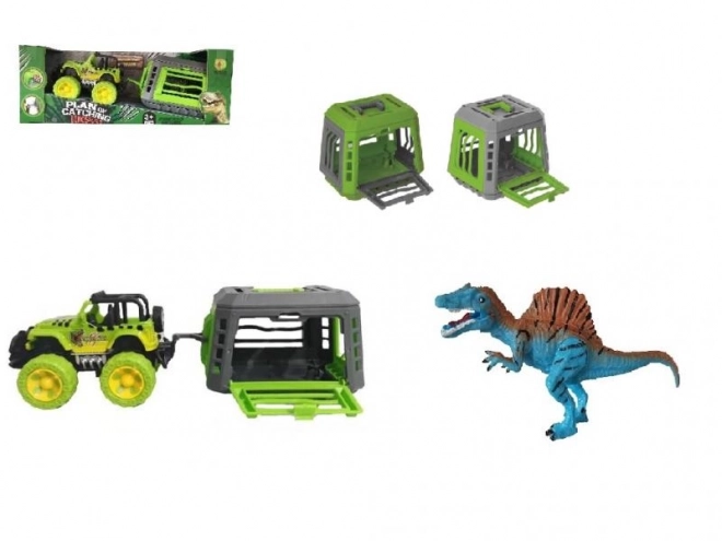 Jeep avec remorque et dinosaure