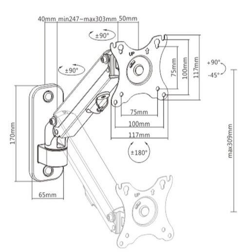 Bras mural réglable pour moniteur jusqu'à 27 pouces/7 kg