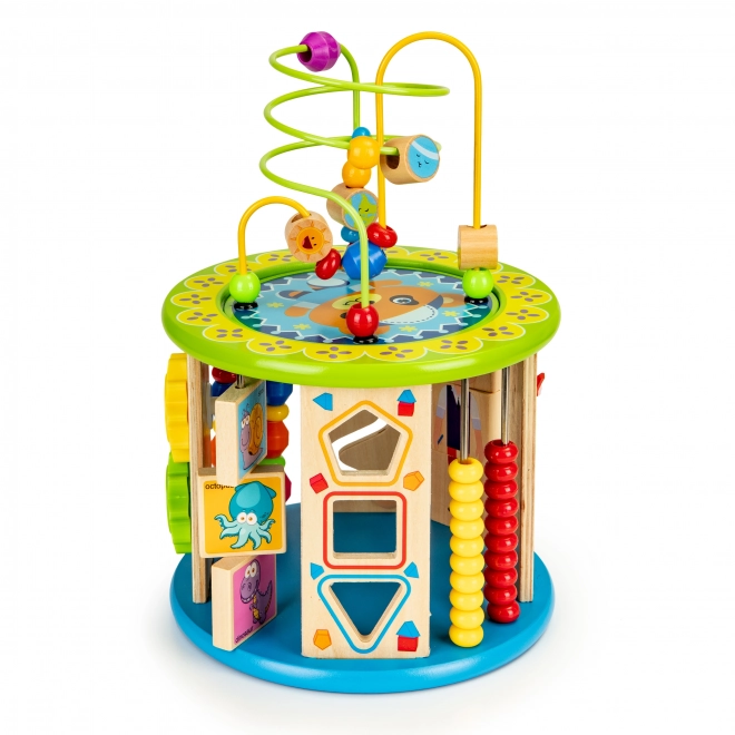 Cube en bois éducatif avec jeux, blocs, pêche