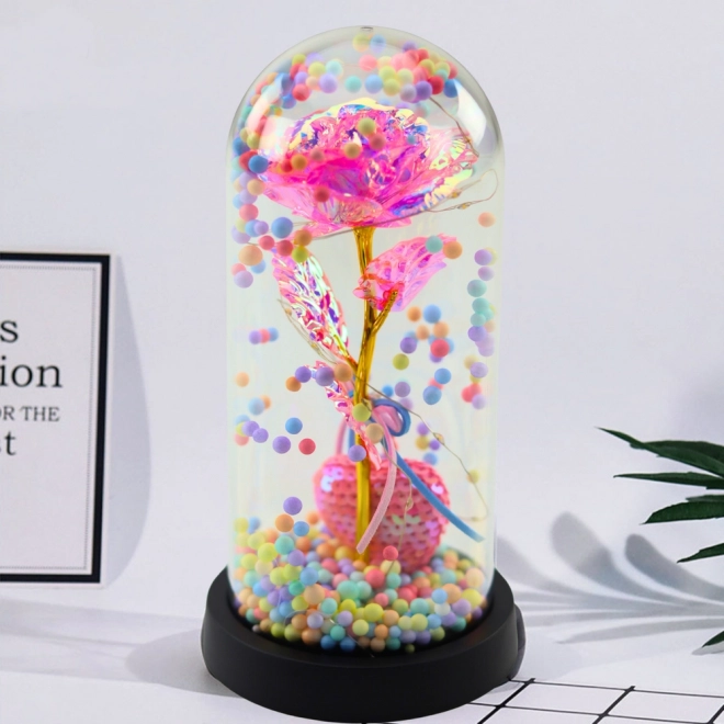 Rose éternelle rose sous cloche avec éclairage LED