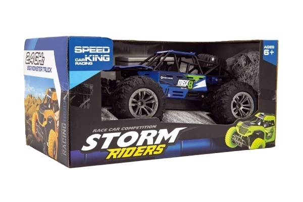 Buggy RC tout-terrain bleu 22cm plastique 2,4GHz sur batterie + pack rechargeable en boîte 32x16x18cm