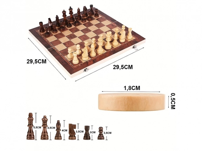 Ensemble de jeux en bois 3-en-1 : Échecs, Dames et Backgammon