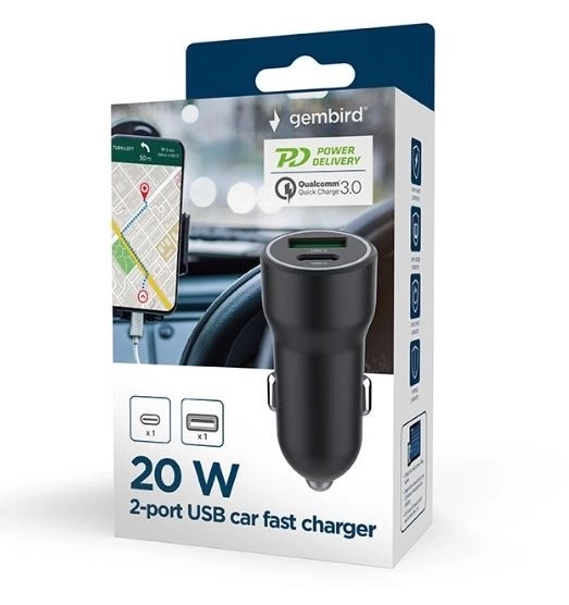 Chargeur de voiture noir USB-A/USB-C 20W PD