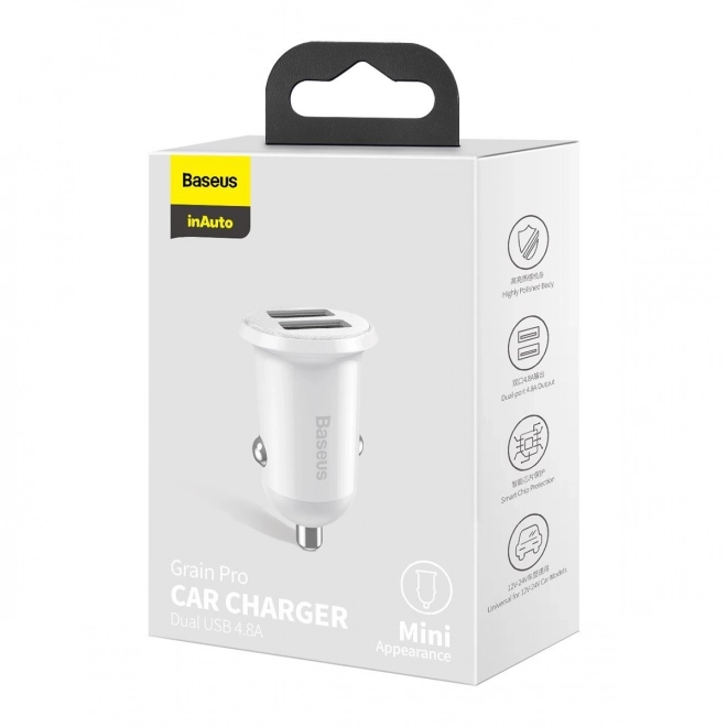 Chargeur de voiture 2x USB Baseus, 4,8A, blanc