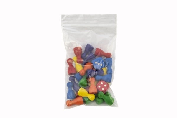 Figurines en bois 25mm 24pcs 6 couleurs + 2 dés jeu de société en sachet 7x13cm
