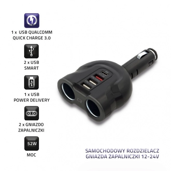 Distributeur de prise allume-cigare pour voiture 12-24V | 52W | 2,4A | 2xUSB | USB QC 3.0 | USB-C PD | 2x prise allume-cigare