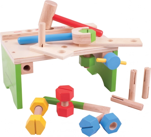 Établi en bois avec outils et banc à marteler Bigjigs Toys