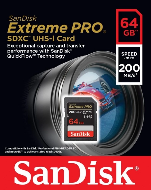 Carte mémoire SANDISK EXTREME PRO SDXC 64GB 200/90 MB/s UHS-I U3 (SDSDXXU-064G-GN4IN)