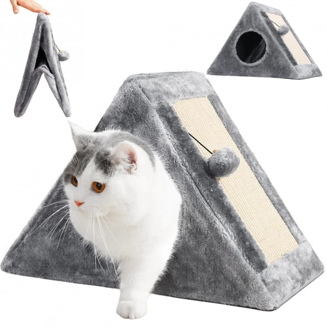 Griffoir triangulaire et maison pour chats avec balle