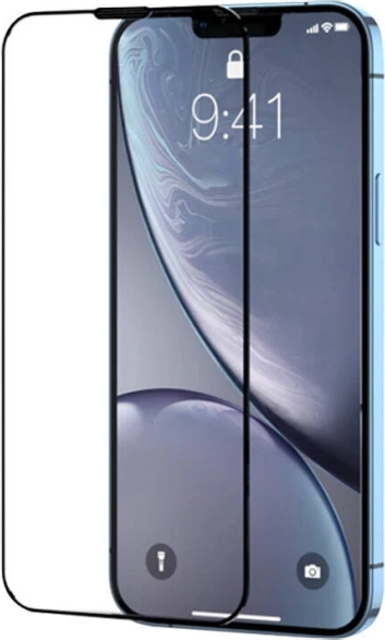 Verre trempé avec cadre noir et filtre anti-poussière pour iPhone 15 Pro Max